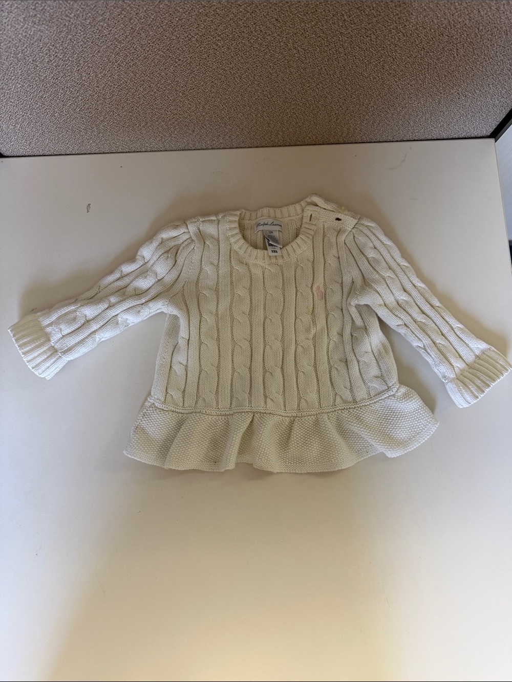 Ralph Lauren Baby Polo Cream Cable-Knit Peplum Crew Sweater 12M